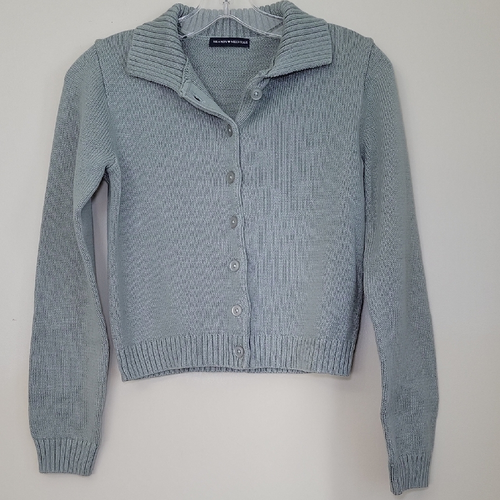 Brandy Melville Sweater Cropped Collared‎ Button down Greyish Green OS Preppy
